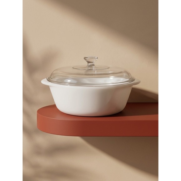 Glasbake Other - Vintage Glasbake Milk Glass Casserole‎ Dish with Clear Glass Lid Round White